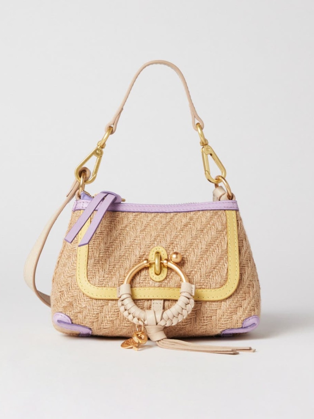 See by Chloe Woven Straw Shoulder Bag with Lavender & Yellow Trim